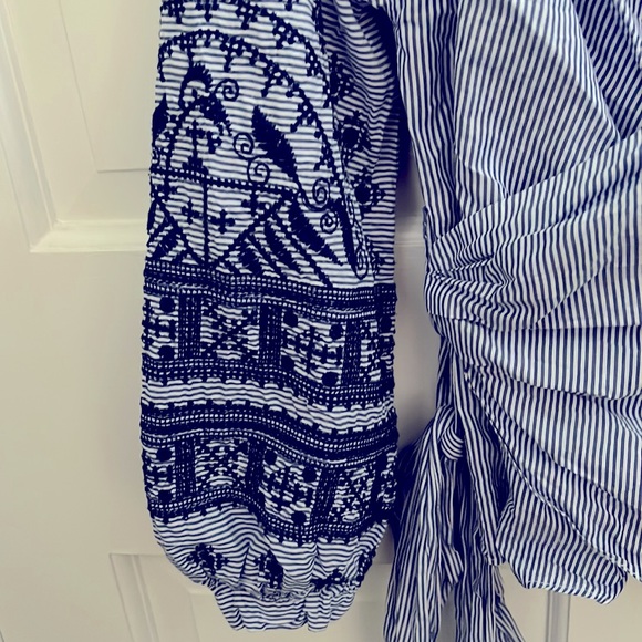 Beautiful Blue and White Striped with Embroidered Puff Sleeve Wrap Blouse - Picture 2 of 5